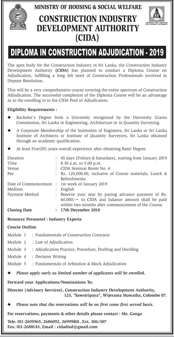 Diploma in Construction Adjudication 2019 - Construction Industry Development Authority